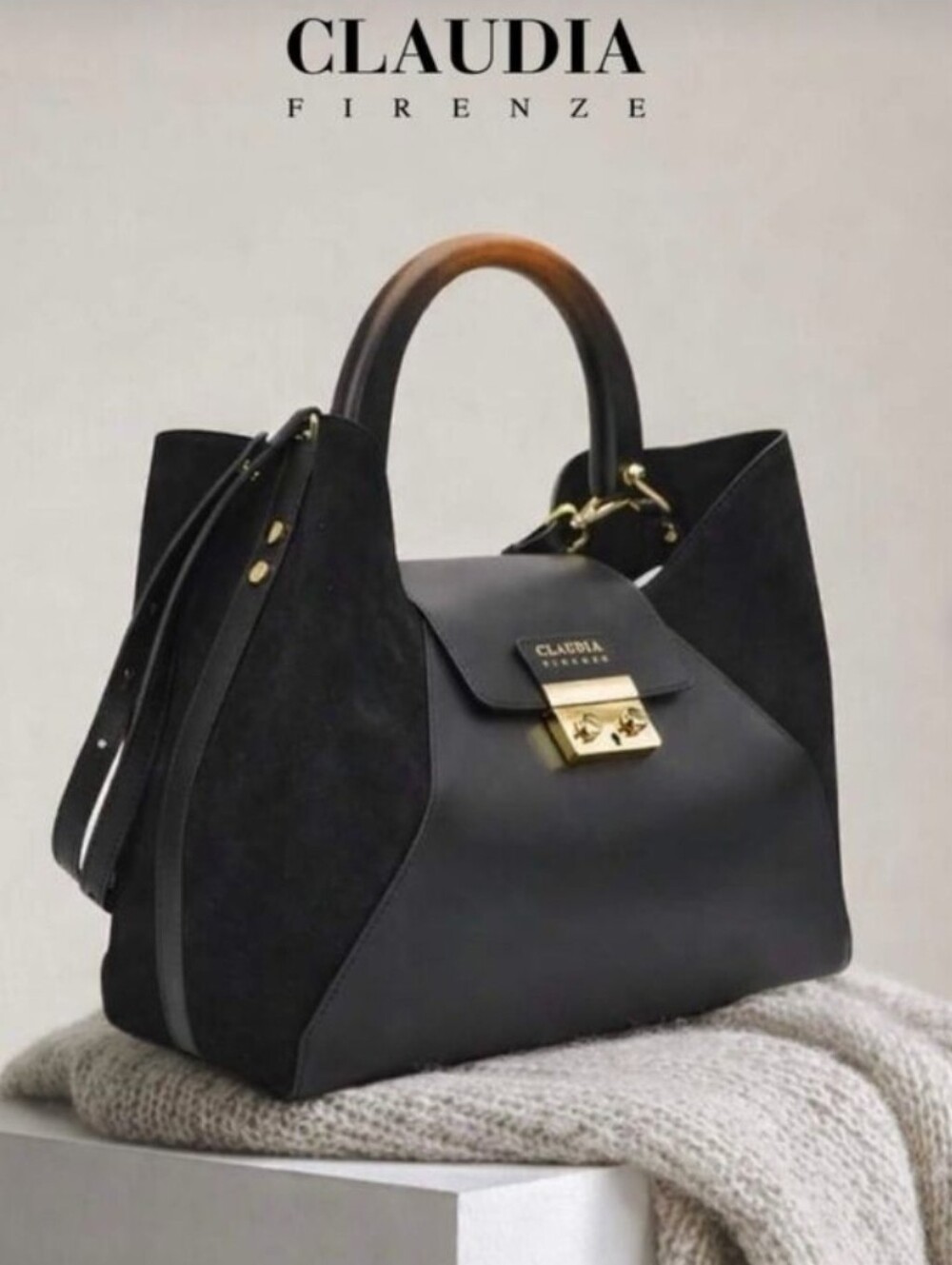 Claudia Firenze Black Leather & Suede Satchel with Gold Hardware